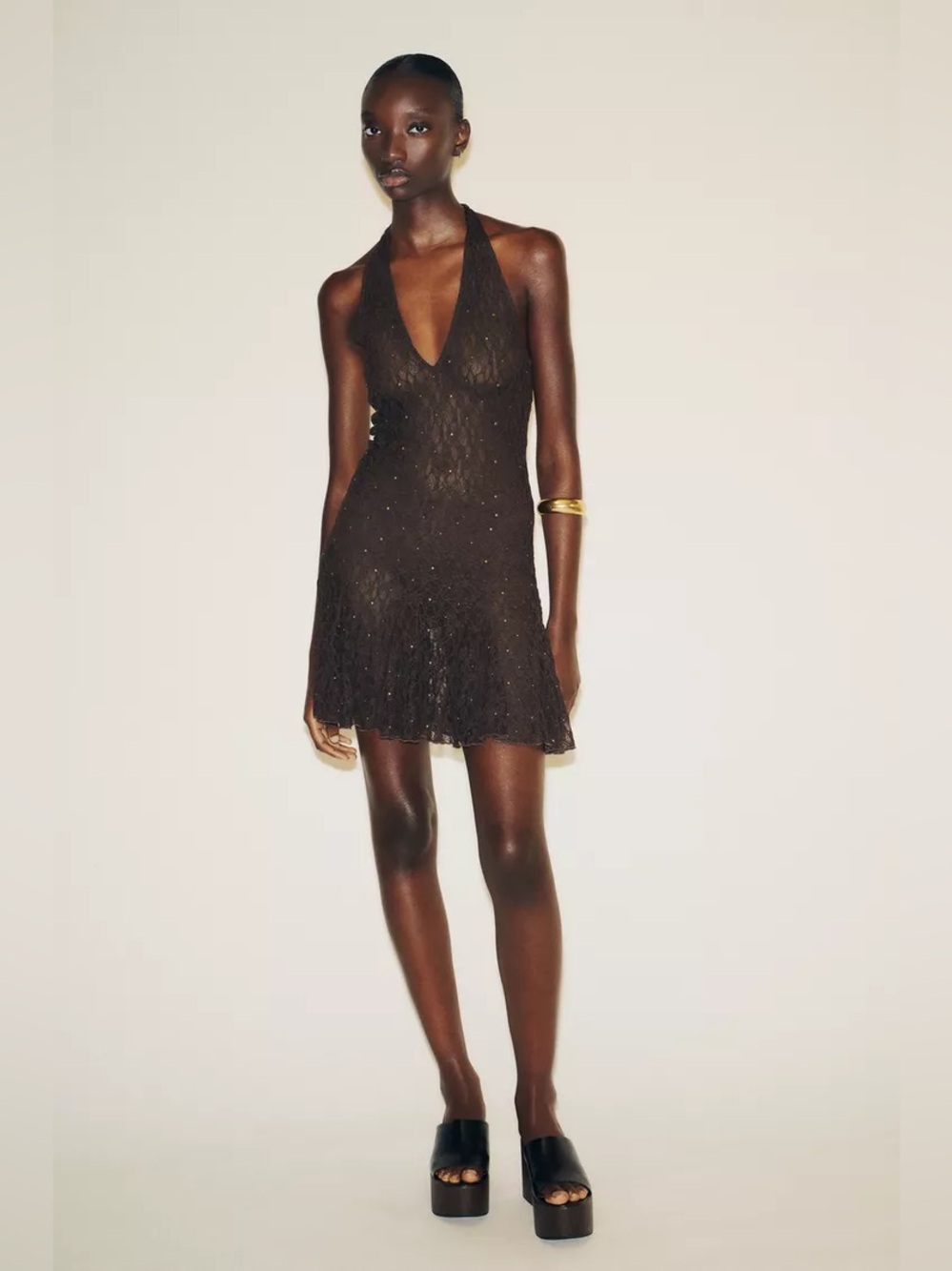 ZARA Brown Halter V-Neck Mini Dress